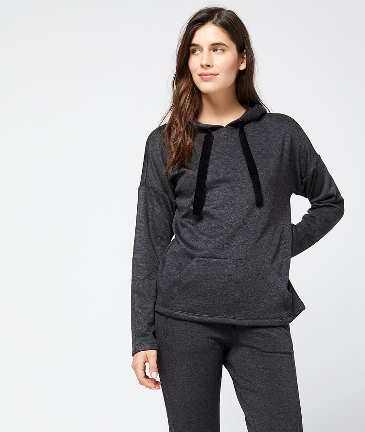 Sweat homewear à capuche liens velours gris.