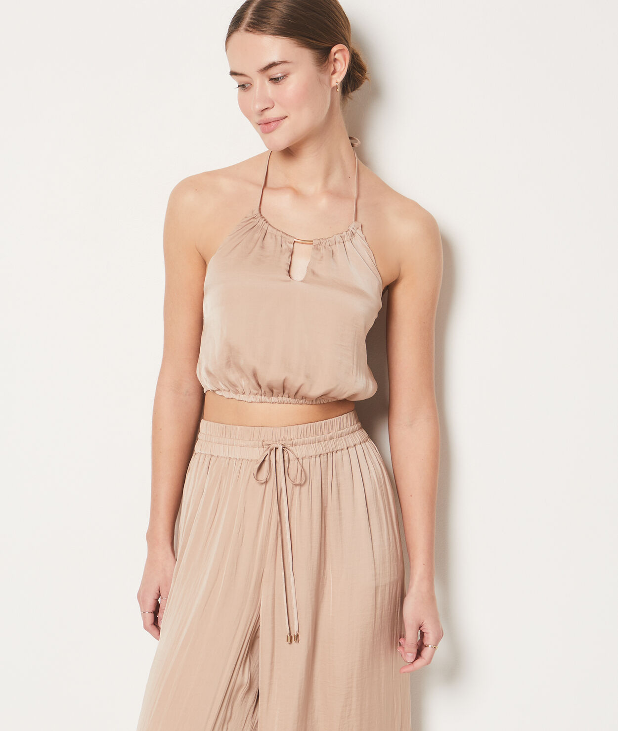 Caraco crop top satiné - Cheeta - XS - Beige - Femme - Etam