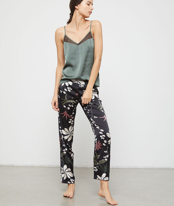 Pantalon satiné imprimé fleuri noir.