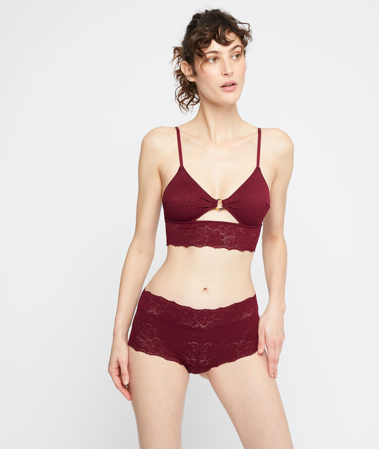 Brassière en dentelle bordeaux grenat.