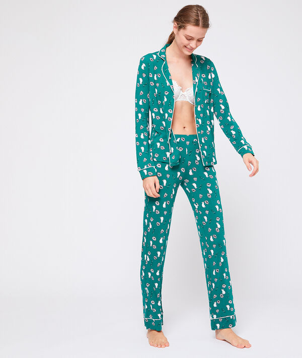 Pantalon imprimé en viscose éco-responsable vert.