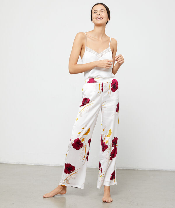 Pantalon satin imprimé fleuri ecru.