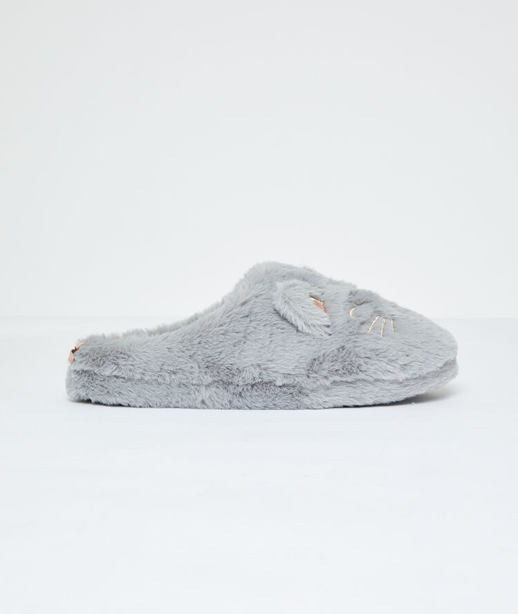 Mules chat en fausse fourrure gris.