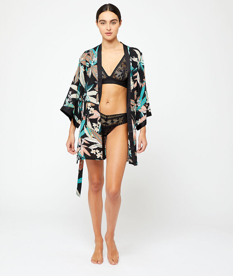 Kimono imprimé feuillage noir.