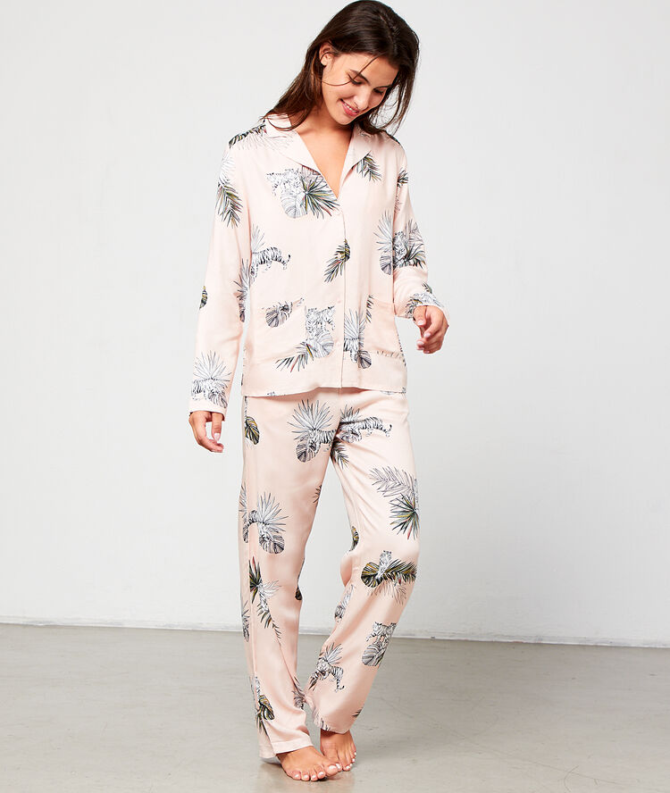 Pantalon imprimé tigres blanc rose.