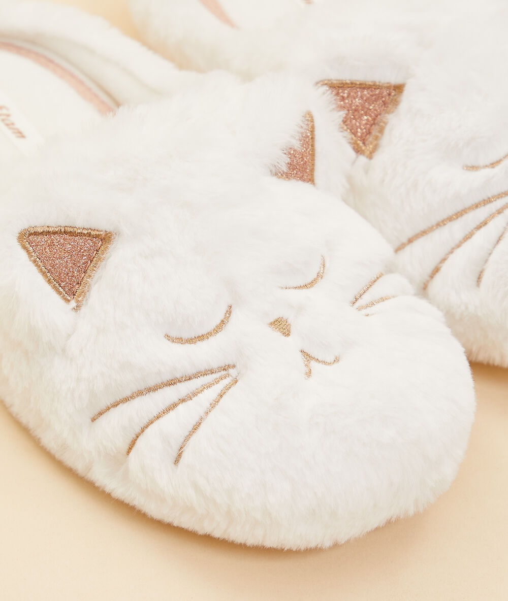 Chaussons mules chat ecru.