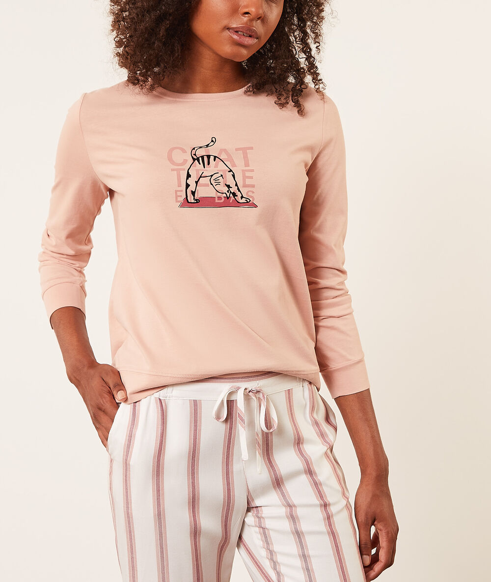 Top manches longues "chat tête en bas" rose poudre.