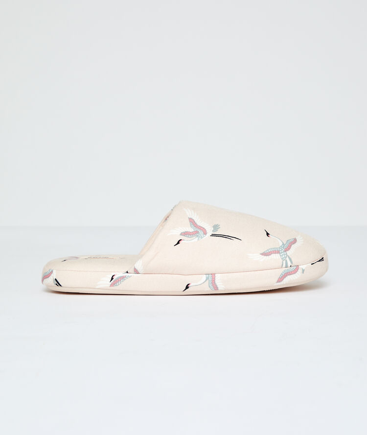 Mules imprimé cigogne rose.