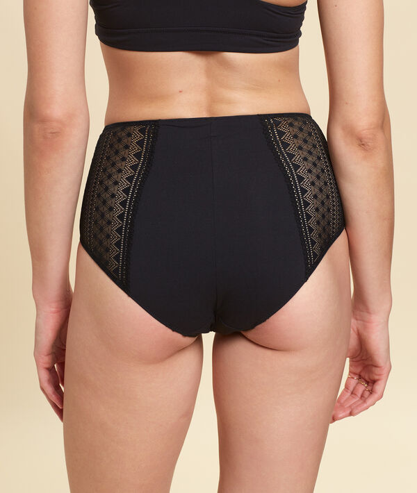 Culotte taille haute en microfibre et dentelle noir.