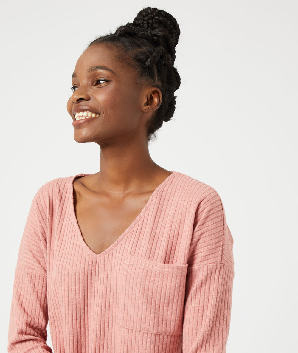 T-shirt côtelé, noué à l'avant rose.