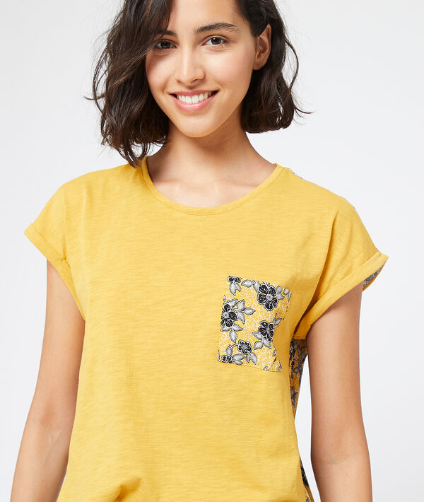 T-shirt dos fleuri message "exotique" ocre.