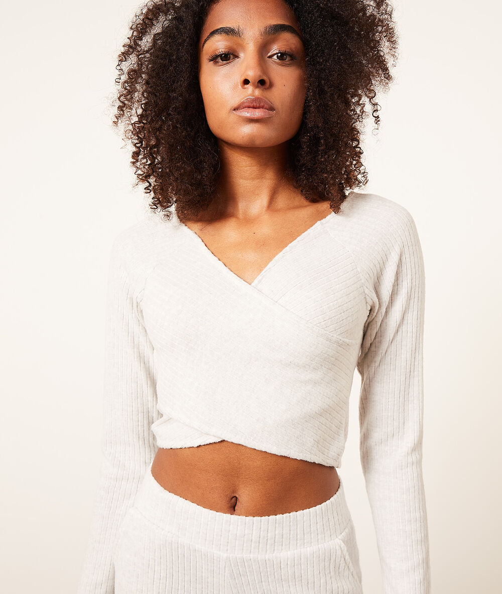 Crop top manches longues cache-coeur ecru.