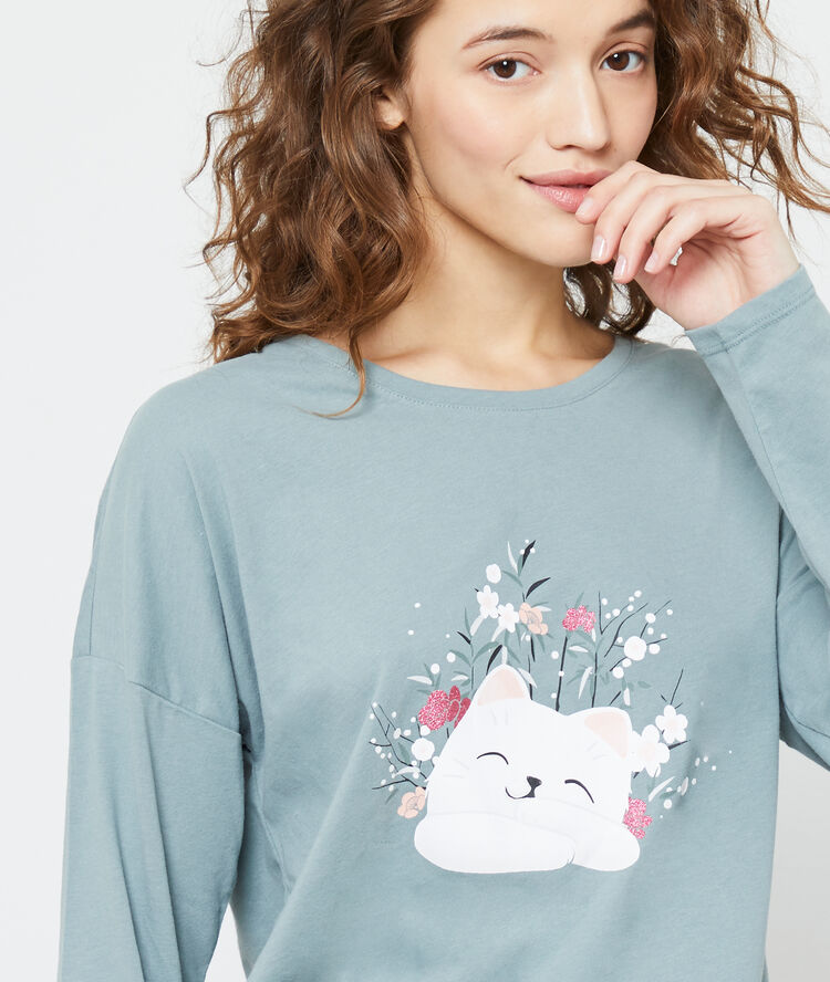 Top manches longues chat kaki.