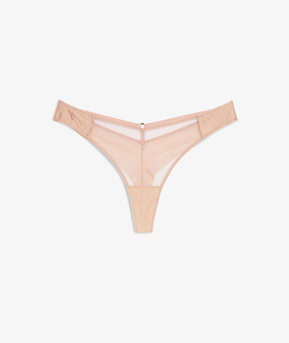 Tanga en soie et tulle blush.