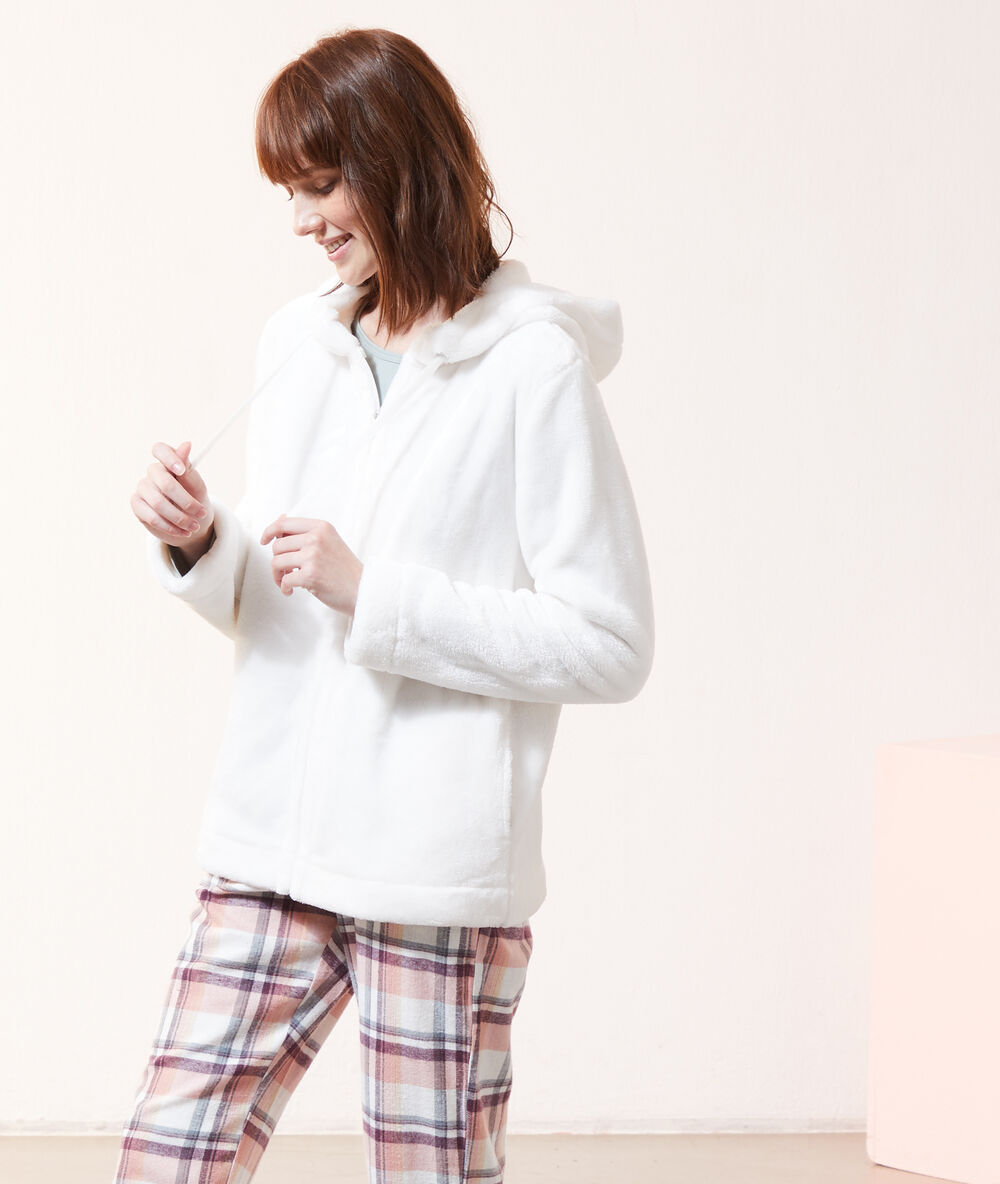 Veste polaire à capuche homewear ecru.