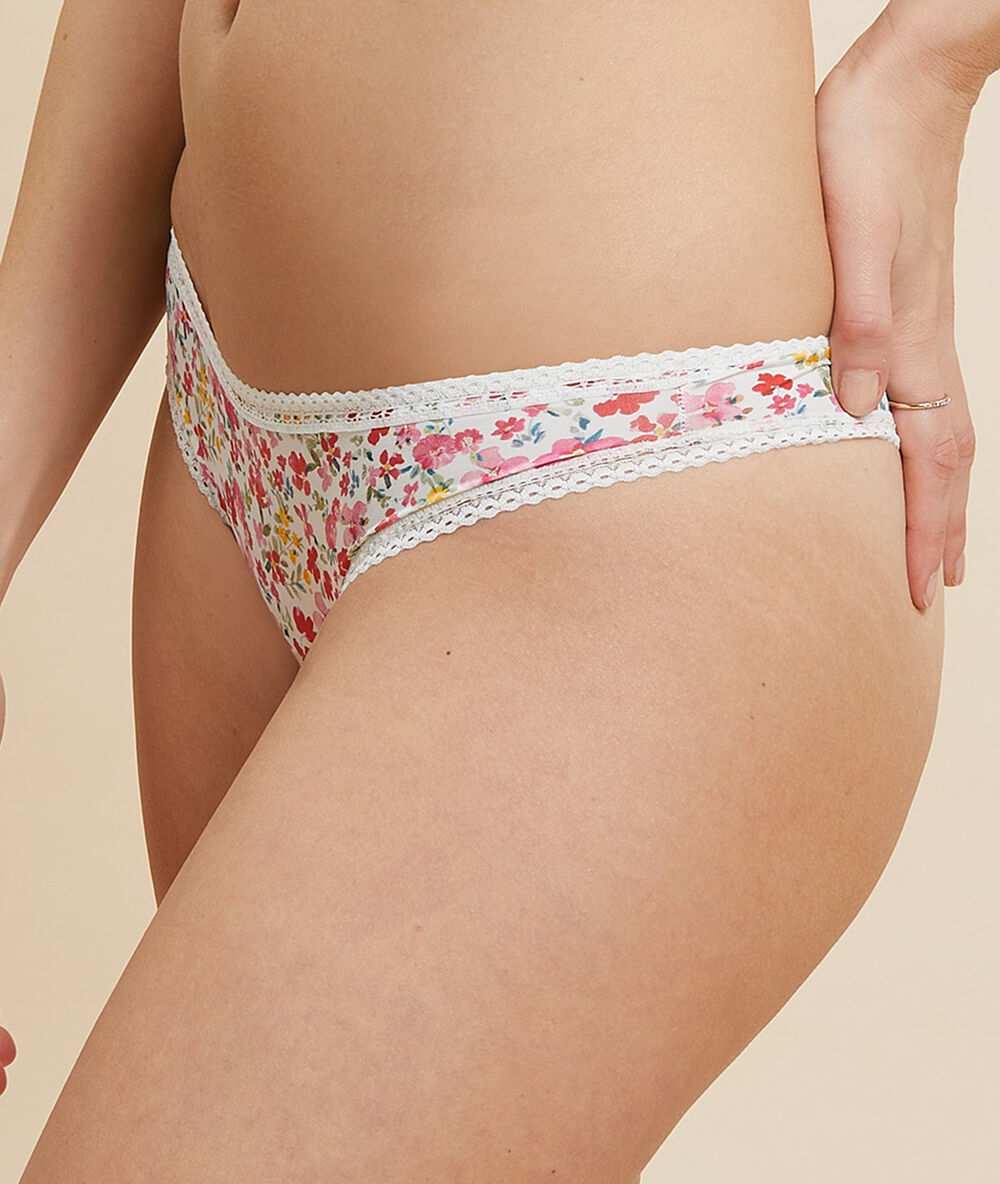 Tanga imprimé en microfibre ecru.