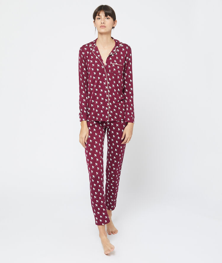 Chemise pyjama d'homme imprimé caniche bordeaux.