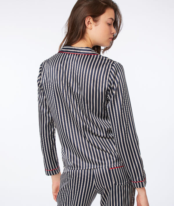 Chemise de pyjama satinée à rayures bleu nuit.