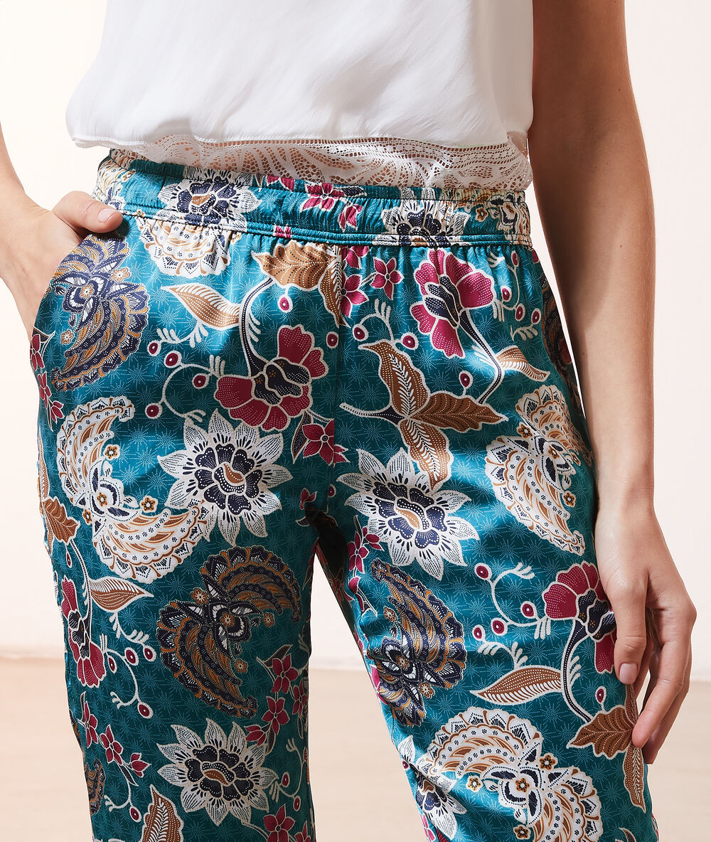 Pantalon de pyjama imprimé et satiné bleu canard.