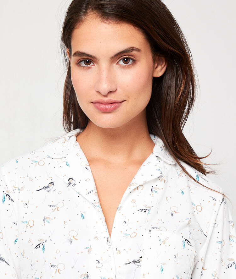 Chemise de pyjama imprimé oiseaux ecru.