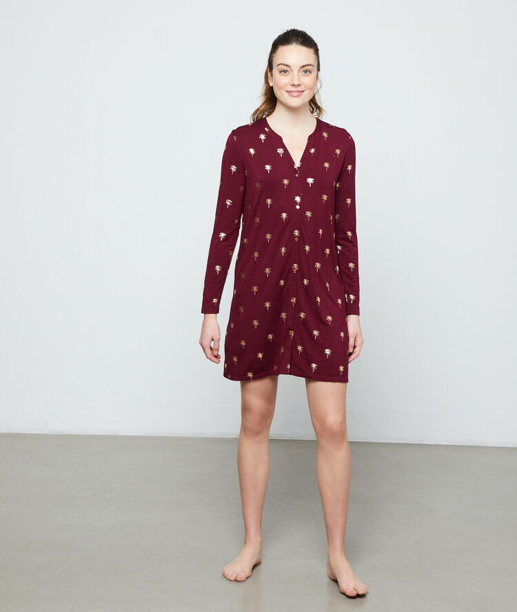 Chemise de nuit imprimé palmiers bordeaux grenat.