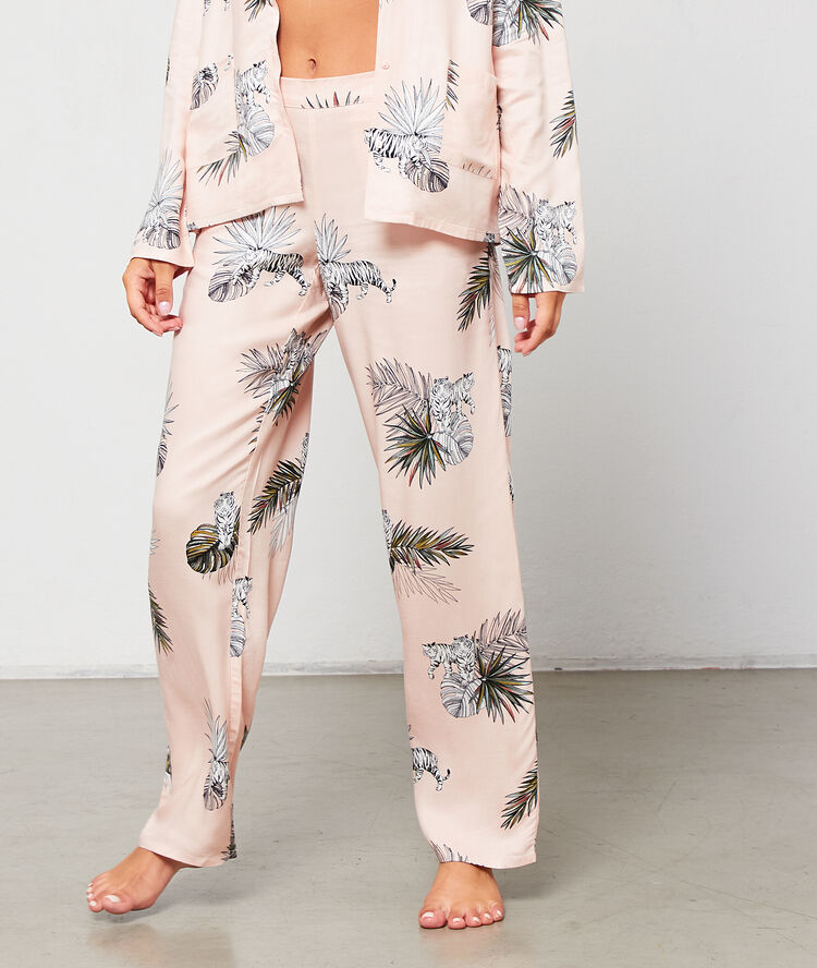 Pantalon imprimé tigres blanc rose.