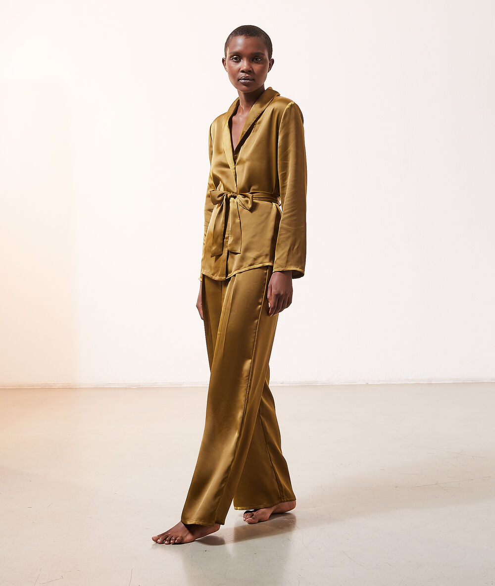 Pantalon effet satiné bronze.