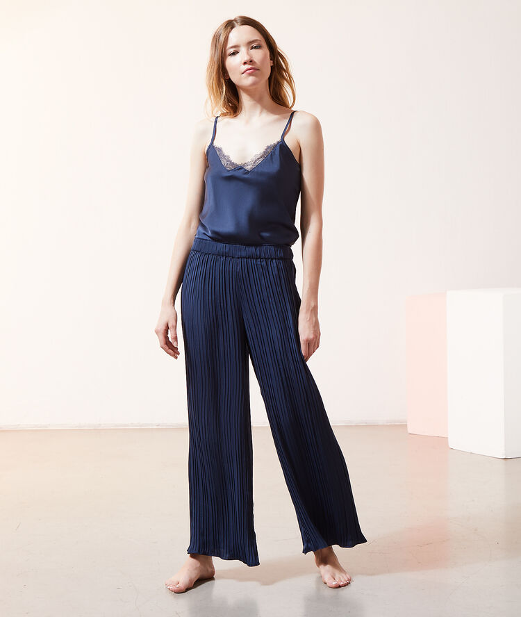 Pantalon plissé satiné marine.