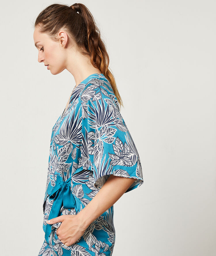 Chemise de pyjama à nouer bleu canard.