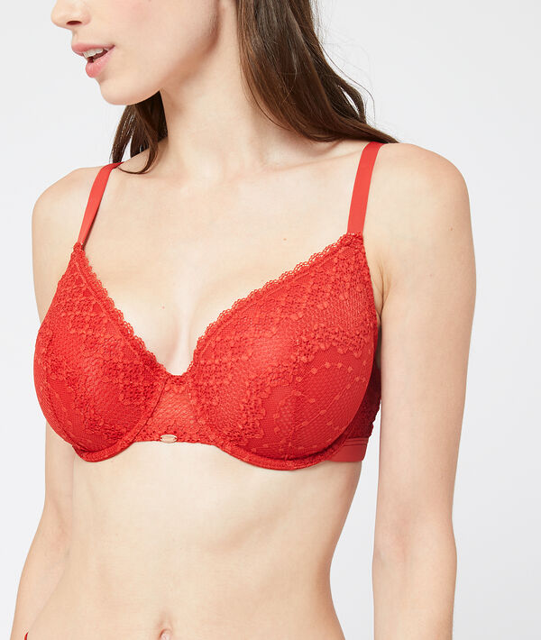 Soutien-gorge ampliforme en dentelle, coques ultra-fines orange.