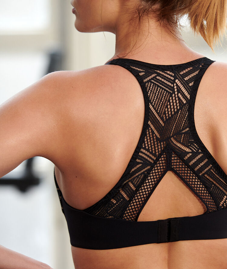 Brassière de sport, dos dentelle - maintien fort noir.
