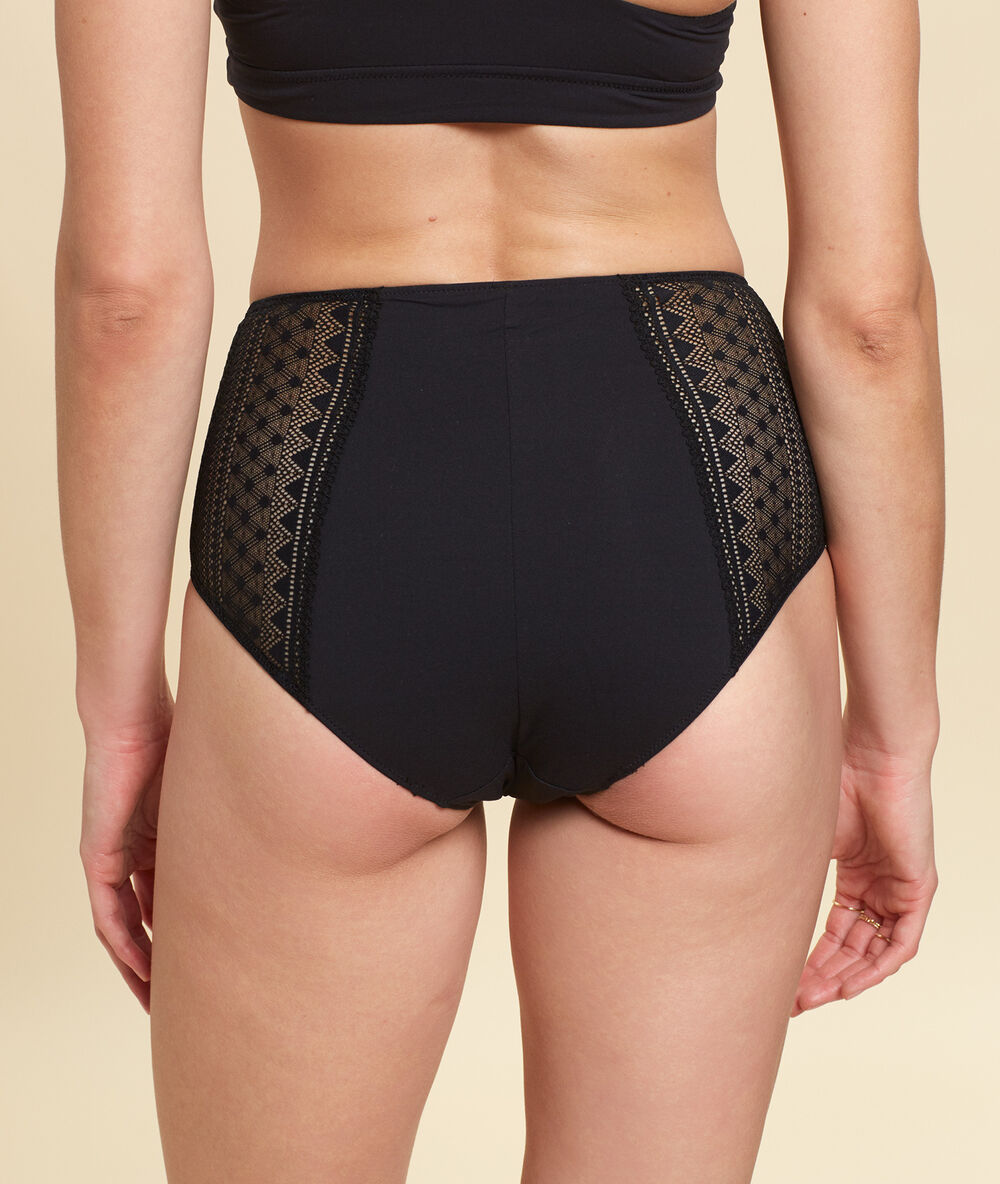 Culotte taille haute en microfibre et dentelle noir.