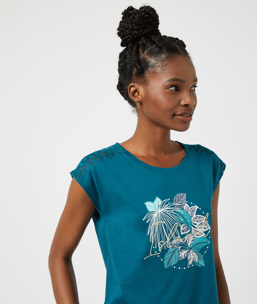 T-shirt imprimé "island" bleu canard.