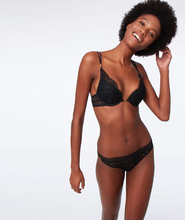 Soutien-gorge n°2 - push-up plongeant dentelle, détails bijoux noir.