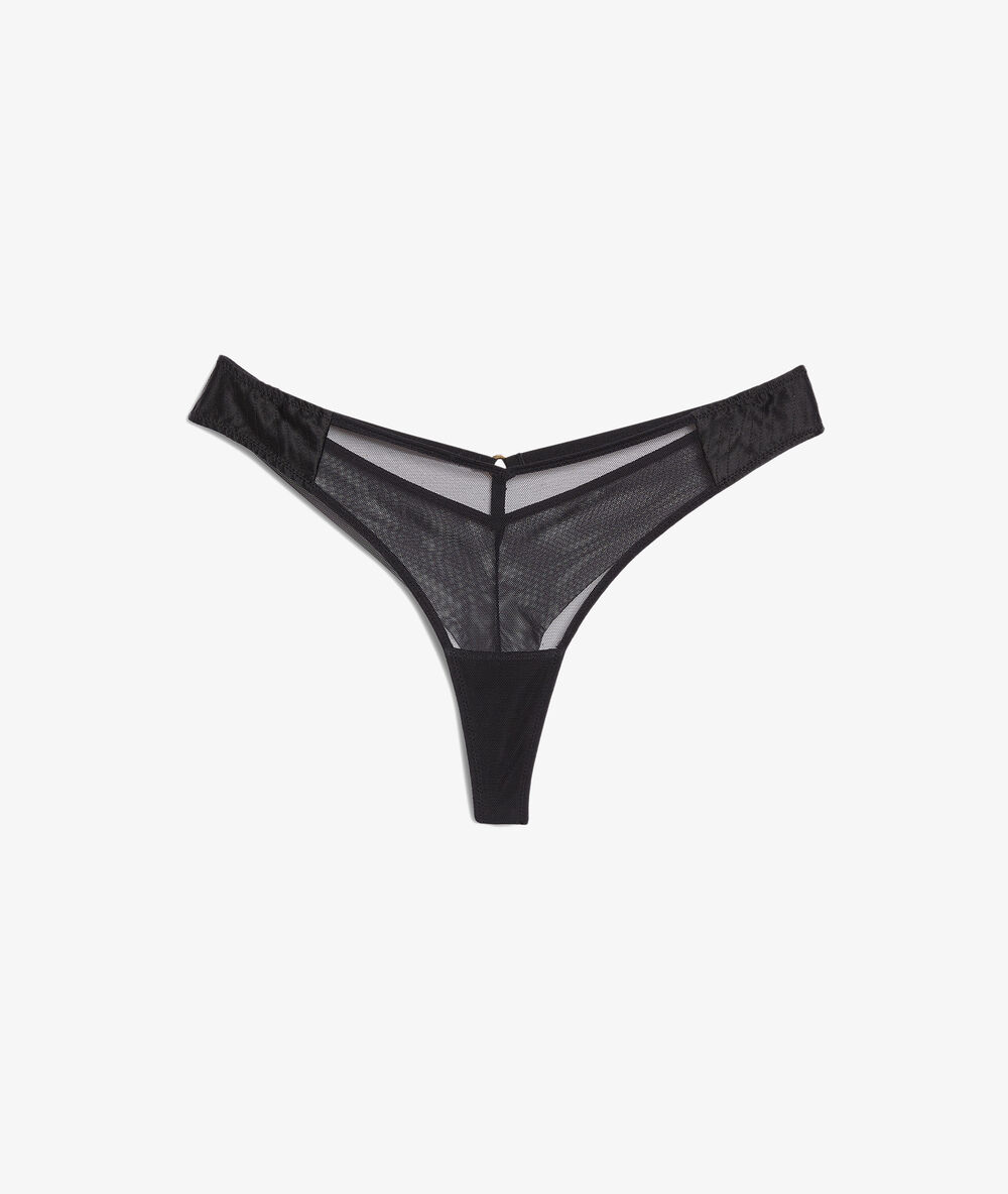 Tanga en tulle et soie noir.