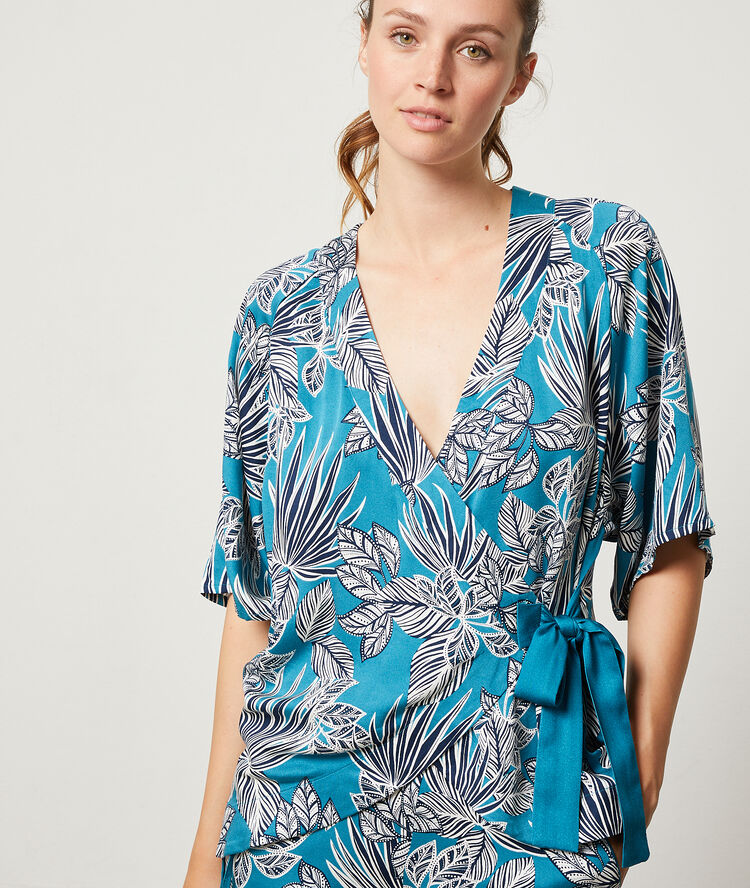 Chemise de pyjama à nouer bleu canard.