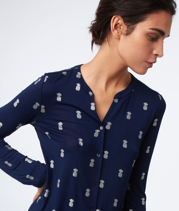 Chemise de nuit boutonnée imprimé ananas marine.