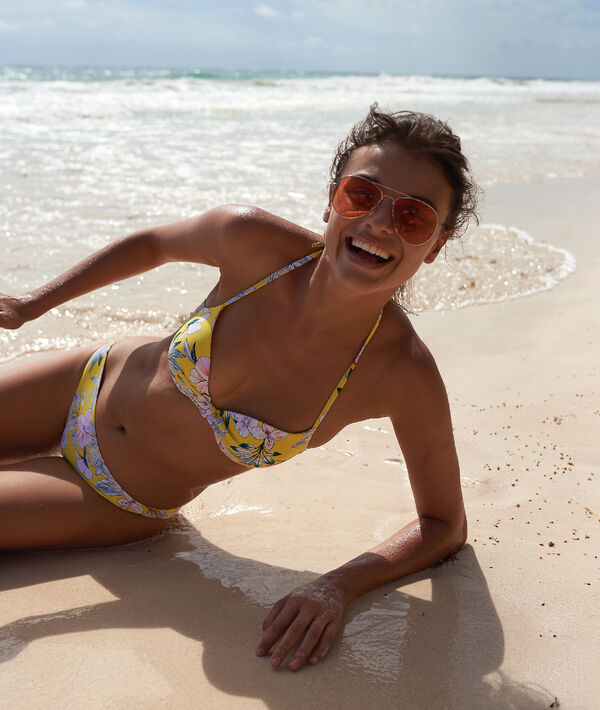 Haut de maillot de bain push-up, imprimé fleuri jaune acidule.