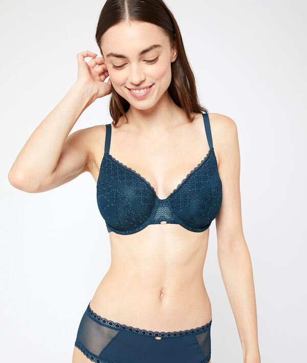 Soutien-gorge ampliforme en dentelle, coques ultra-fines bleu.