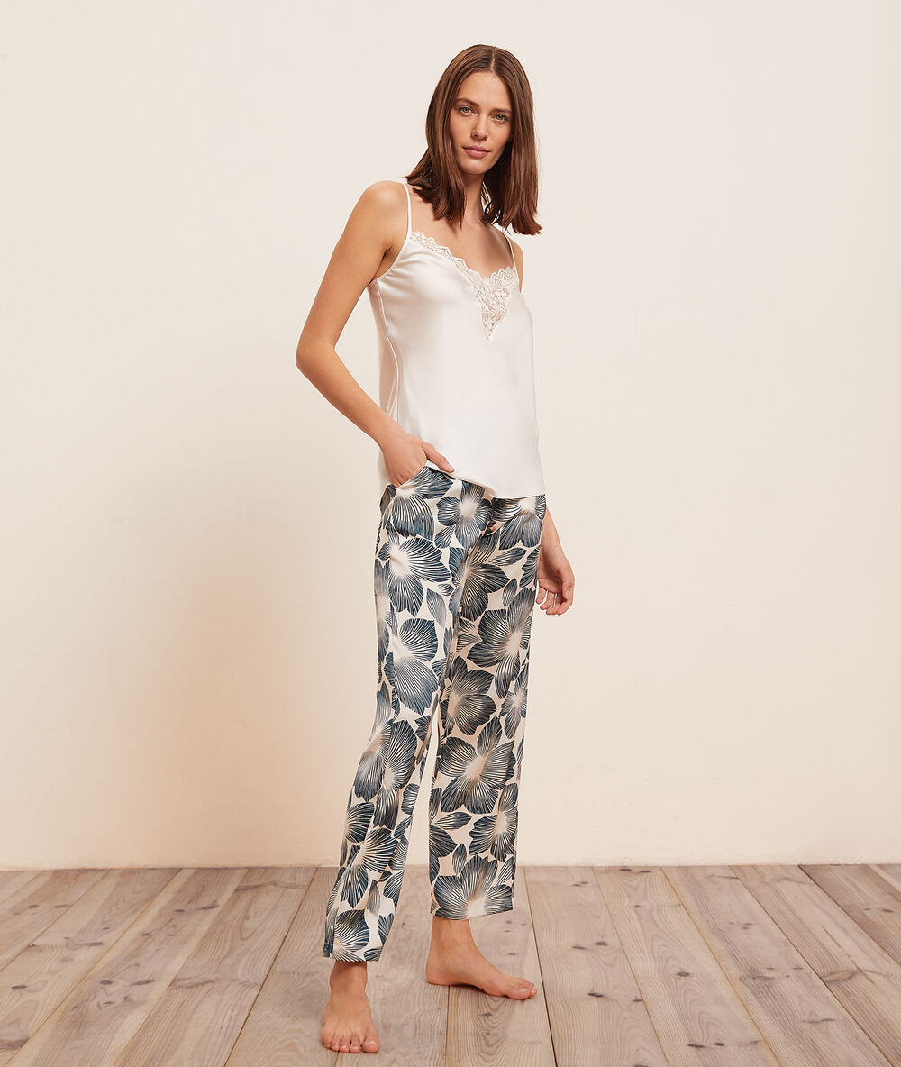 Pantalon satiné imprimé ecru.