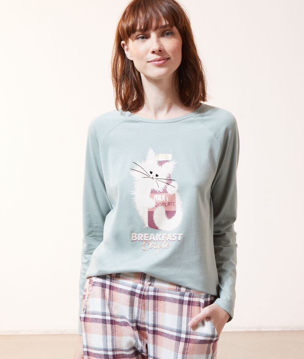T-shirt imprimé chat "breakfast couple" vert.