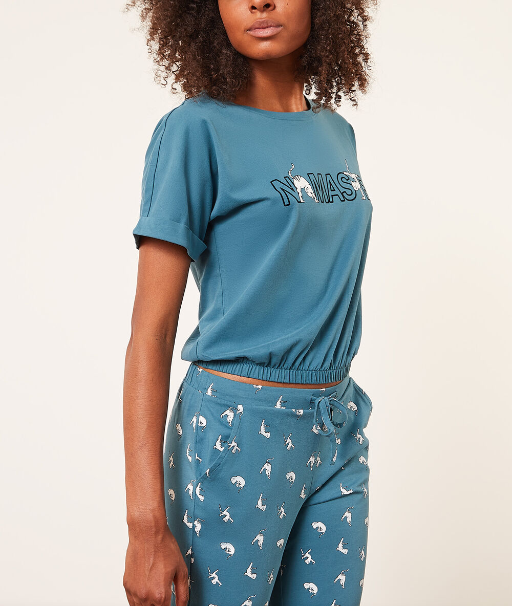 Top manches courtes "namaste" bleu canard.