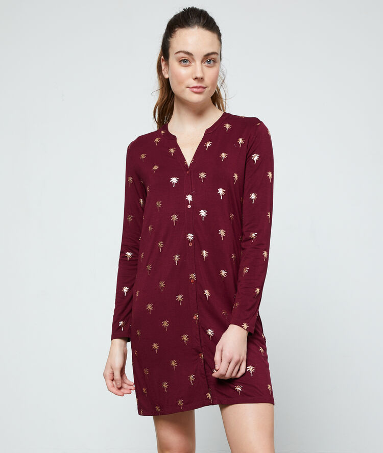 Chemise de nuit imprimé palmiers bordeaux grenat.