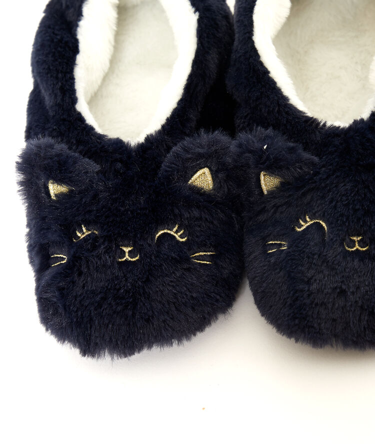 Chaussons chat indigo.
