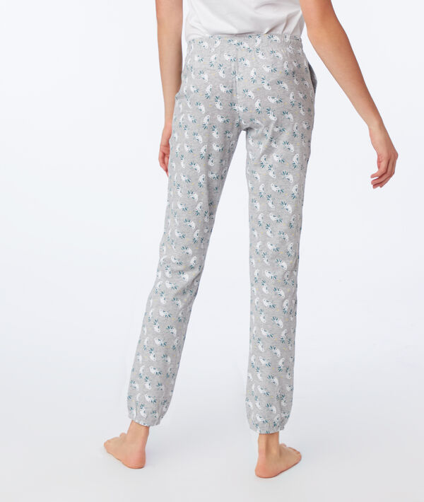 Pantalon imprimé paresseux en coton bio gris.