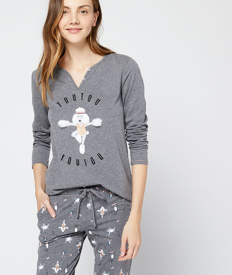 Pantalon imprimé chats et chiens gris.