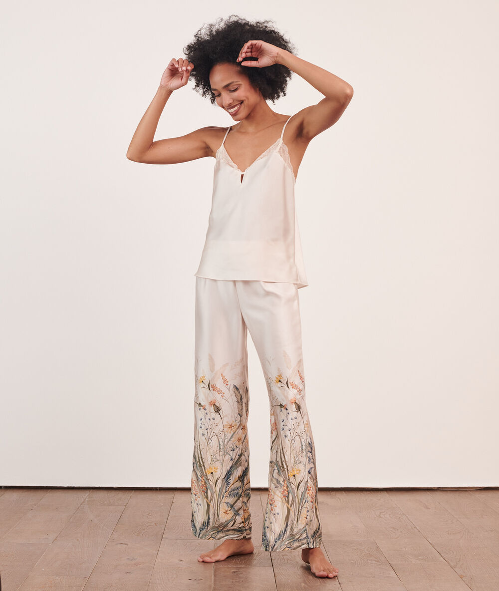 Pantalon satiné imprimé imp fd ecru.
