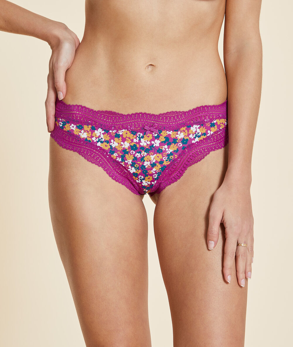 Tanga en microfibre et dentelle imprimé fushia.