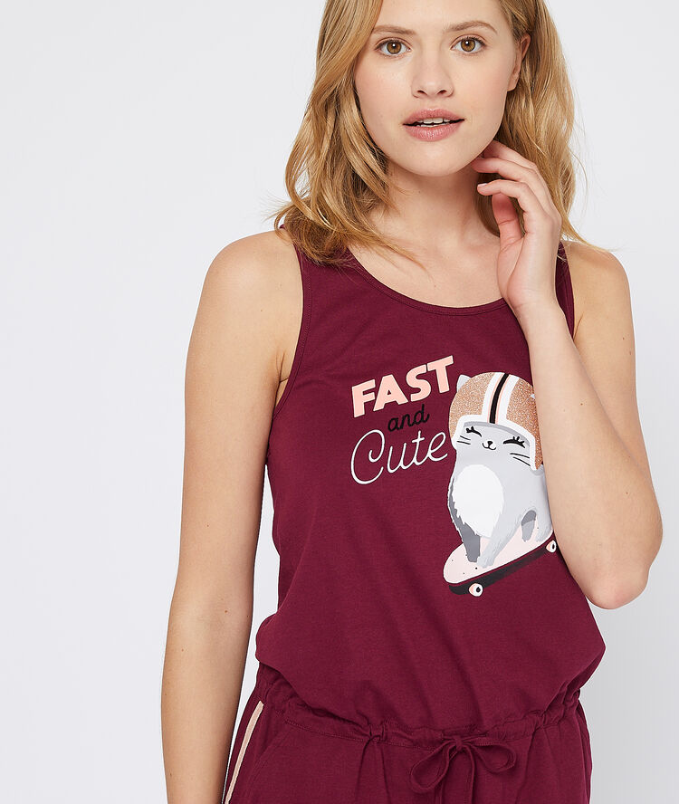 Nuisette imprimée chat "fast and cute" bordeaux.