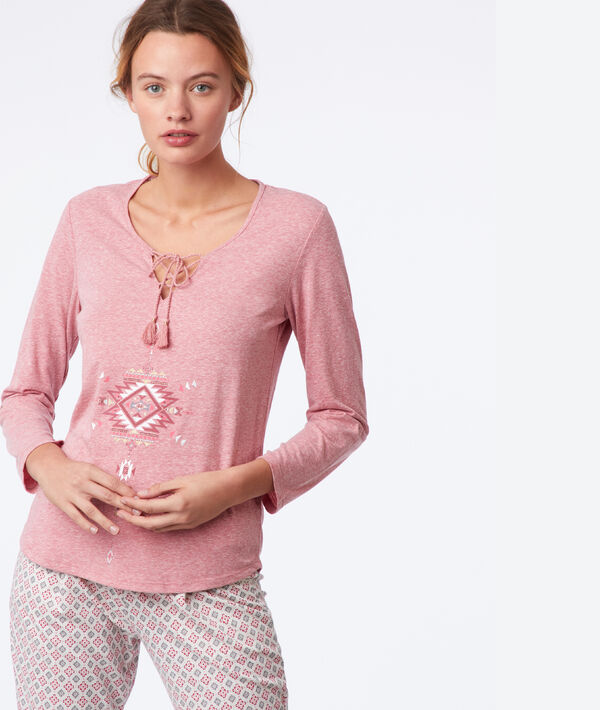 T-shirt imprimé col noué rose.